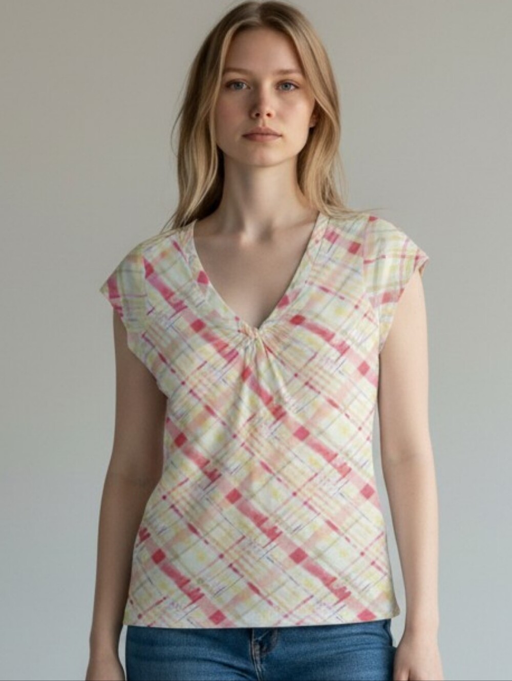 SO Pastel Plaid V-Neck Cap-Sleeve Blouse in Pink and Cream 6035